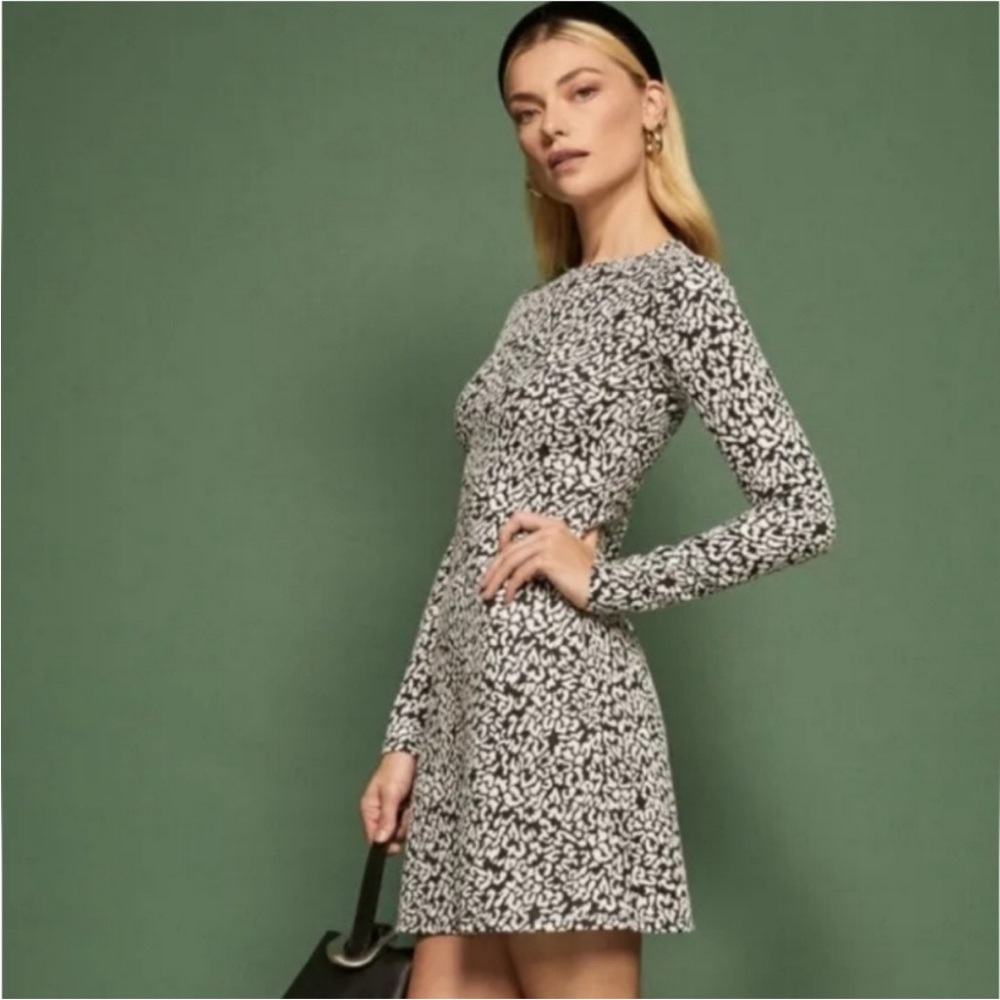 Reformation Black White print Long Sleeve Mini Dress Event Party Birthday - Picture 11 of 11